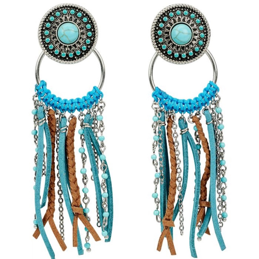 Justin Boots Western Bohemian Turquoise Concho Earrings With Fringe
